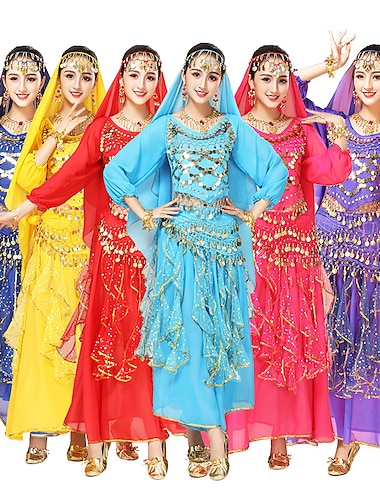  Femme Costume de danse du ventre Indien Fille indienne Mascarade Adultes Haut Jupe Casque Soirée