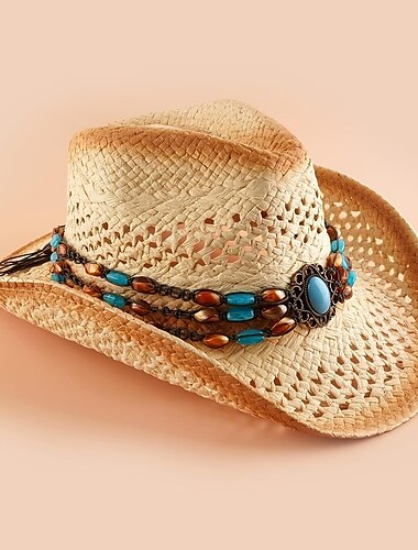  elegante sombrero de paja de vaquero occidental con decoración de cadena de jade de imitación tejida a mano, ¡perfecto para salidas de verano a la playa!
