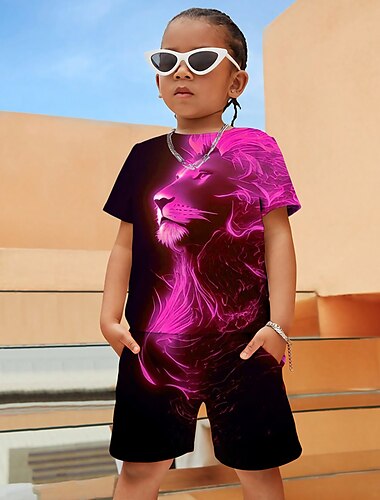  Set îmbrăcăminte băieți, tricou și pantaloni scurți cu grafică 3D pentru animale leu, set îmbrăcăminte mânecă scurtă, imprimeuri 3D, vară primăvară, sport activ, la modă, poliester, copii 4-12 ani, activități în aer liber, stradă, vacanță, croială standar