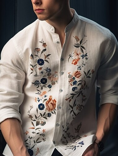  Miesten Kukka Paita Button Up paita Pitkähihainen Muoti Katutyyli Suunnittelija Kausaliteetti Päivittäin ulko- Kesä Kevät Syksy Stand-kaula-aukko Painettu Valkoinen Keltainen Khaki