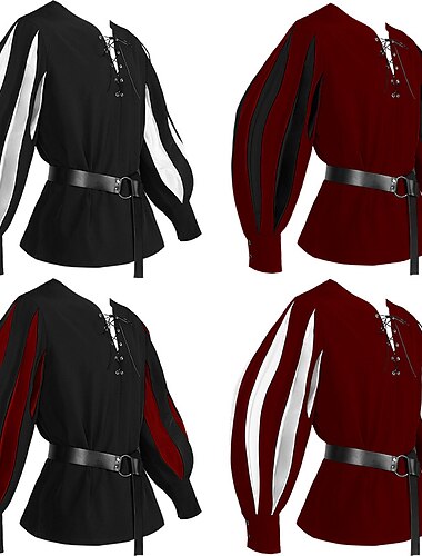  Rétro Vintage Punk & Gothique Médiéval Blouse / Chemise Bal Masqué Tunique Ren Faire Chevalier Viking Croisé Volanté Bloc de Couleur Homme Celtique Pirate Carnaval Mascarade Performance Soirée