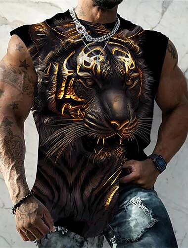  男性用 グラフィック 動物 虎 ベストトップ 男性用ノースリーブTシャツ ノースリーブ Tシャツ 3Dプリント クルーネック シャツ ファッション デザイナー 筋 日常 スポーツ ジム用 ブルー レッド オレンジ 春夏 衣類 S M L XL 2XL 3XL