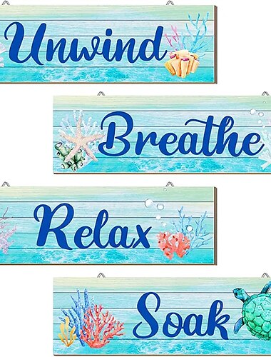  1 Stück Ozean Strand Badezimmer Wanddekoration Holz Relax Soak Relax Breathe Wandkunst Badezimmerschild zum Aufhängen Muschel Seestern Holzschild Raumdekoration Szene Dekor Schlafzimmer Dekor Eingang