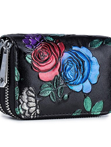  Mode rfid frauen kartenhalter split leder doppel-reißverschluss kartenetui große kapazität 3d blume gedruckt dame frauen geldbörsen geldbörse