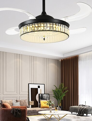  Ventilateur de plafond avec lumières cristal noir 47" LED dimmable 3 couleurs 6 vitesses pales réversibles avec télécommande, lustre de ventilateur domestique, ventilateur de plafond encastré à profil