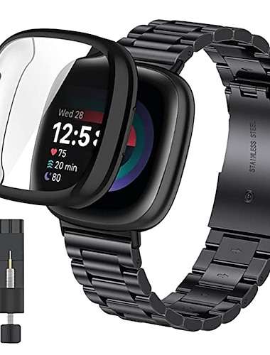  Correa de Smartwatch Compatible con Fitbit Versa 4 Sense 2 Versa 3 Sense Versa 2 Acero Inoxidable Reloj inteligente Correa con caso con herramienta de eliminación Cierre Metálico Correa Deportiva