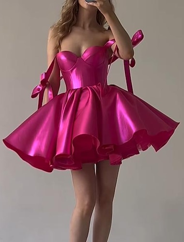  Ａライン ホームカミングドレス コルセット ドレス 祝日 卒業 ショート ／ ミニ ノースリーブ キャミソール ピンクのドレス サテン ととも​​に リボン 2024年