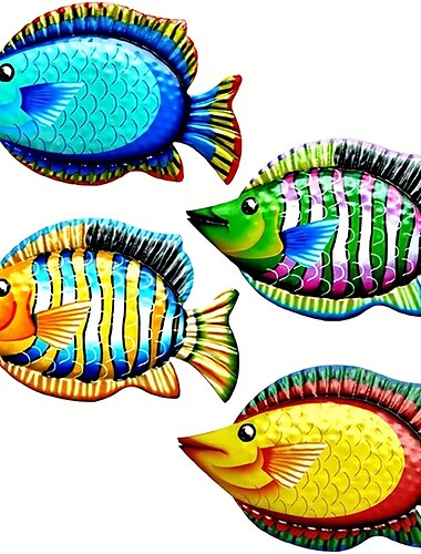  1 قطعة الأسماك المعدنية جدار الفن المعادن الملونة الأسماك الاستوائية ديكور 3D النحت في الهواء الطلق المحيط موضوع ديكور الحمام حمام السباحة ديكور سياج الحديقة جدار ديكور المعادن جدار ديكور فني 17.5x30