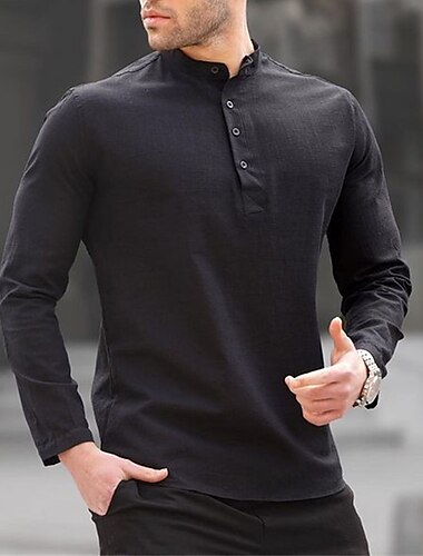  Herren Hemd leinenhemd Popover-Shirt Sommerhemd Strandhemd Schwarz Weiß Blau Langarm Glatt Henley Frühling Sommer Casual Täglich Bekleidung