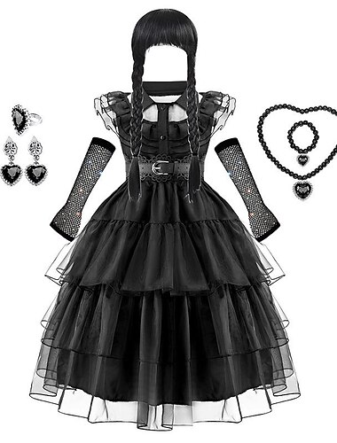  filles mercredi addams robe de famille addams accessoires de perruque tenue cosplay punk et gothique garniture à volants ourlet en couches costume de robe en maille habiller fête d'anniversaire collier de performance clip d'oreille gants en résille