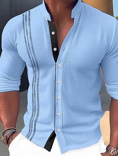  Voor heren Overhemd Linnen overhemd Zomer overhemd Strand Kleding Normaal shirt Overhemd met bandkraag Casual Dagelijks blauw Zwart Wit Blozend Roze Lange mouw Opstaande boord Lente zomer Kleding
