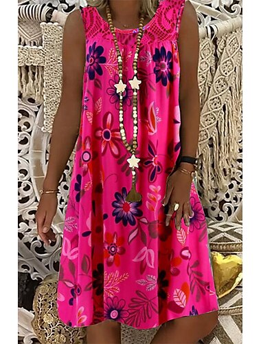  Damen Etuikleid knielang weiß schwarz armeegrün fuchsia marineblau ärmellos floral print frühling sommer rundhals hot casual boho loose 2023 m l xl xxl 3xl 4xl 5xl