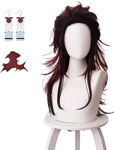  Adecors Demon Slayer Tanjiro Cosplay Perücke, weiblich, lange Kimetsu No Yaiba Perücke mit Ohrringen, Markierungen für Anime Cosplay, Rose