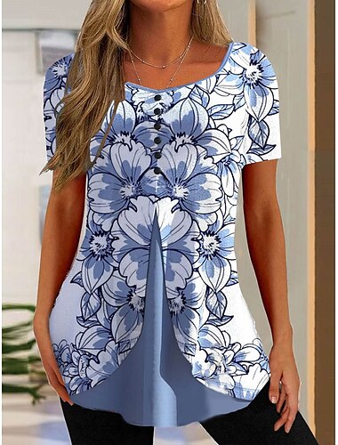  Damen T Shirt Blumen Basic Kurzarm Rundhalsausschnitt Normale Oberteile Festtage Wochenende Knopf Bedruckt Rosa Marineblau Blau