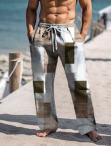  Herren Hose Hosen Sommerhosen Strandhose Kordelzug Elastische Taille 3D-Druck Plaid Grafik-Drucke Geometrie Komfort Casual Täglich Festtage Strassenmode Hawaiianisch Blau Braun