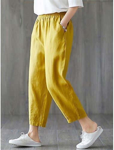  女性用 カプリショーツ フェイクコットンリネン サマーパンツ バギーパンツ ストリートファッション カジュアル コンフォートシューズ カプリパンツ ミディアムウエスト 平織り ポケット バギー 弾性巾着デザイン 履き心地よい 通気性 ソフト マイクロエラスティック バケーション カジュアル／普段着 週末 ブラック ホワイト イエロー オレンジ 夏 春