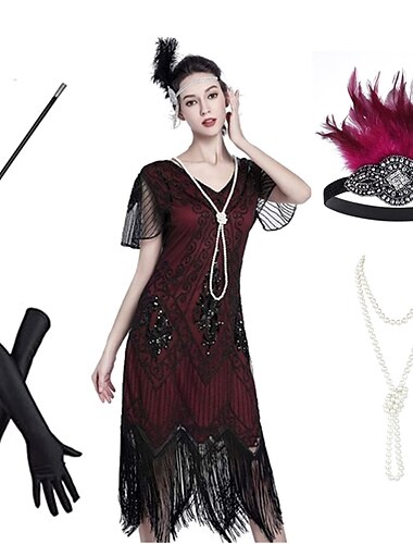  Glada 20-talet Vintage-inspirerad Den store Gatsby Flapper-klänning Klänningar Kläder Den store Gatsby Bröllopsgäst Paljetter Tofs Paljett Tofs V-hals Dam Halloween Karnival Maskerad Halloween