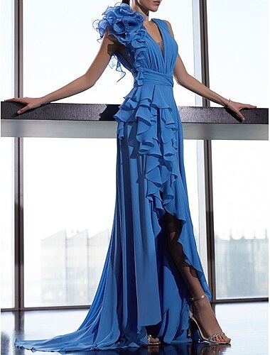  A-Linie Abendkleid Blumenkleid Formelles Abschlussball Gerichtstraining Ärmellos V-Ausschnitt Herbst Hochzeitsgast Chiffon mit Rüschen Schulterblume 2025