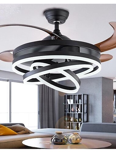  42 '' intrekbare plafondventilatoren met verlichting en afstandsbediening, modern led semi-flush ventilatorlicht, intrekbare geometrische plafondventilator 3 kleuren 6 snelheden slimme hanglamp voor binnen slaapkamer, eetkamer etc