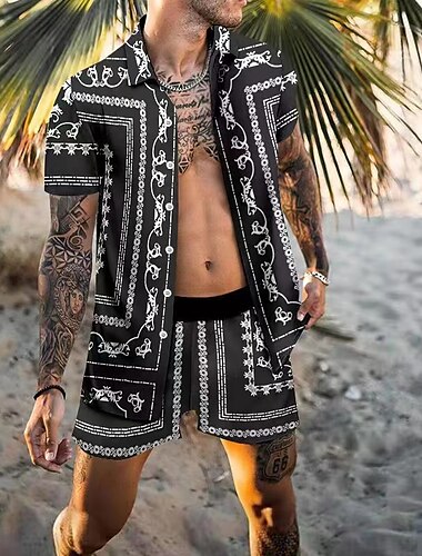  Herren Blumen Grafikdrucke Vintage Hemden-Sets Hemd Hemd Set Sommer Hawaiihemd Kurze Ärmel Umlegekragen Mode Streetwear Designer Outdoor Straße Lässig Druck Sommer Frühling Schwarz Weiß Blau