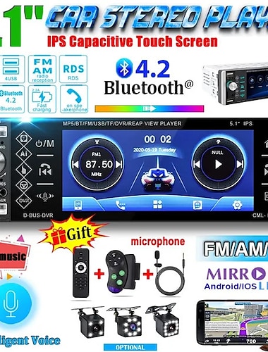  5,1'' ips kapacitní HD dotyková obrazovka inteligentní hlas 1din auto mp5 přehrávač bluetooth 4.2 autorádio podpora fm am rds mikrofon dvr 4usb bluetooth kamera (volitelně)