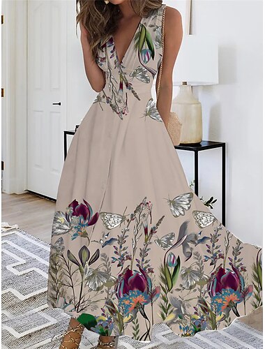  Vrouwelijke Maxi Jurk Tank Jurk Ombre Bloemen Pocket Print Crew Neck Midi Jurk Dagelijkse Vakantie Mouwloos Zomer Lente