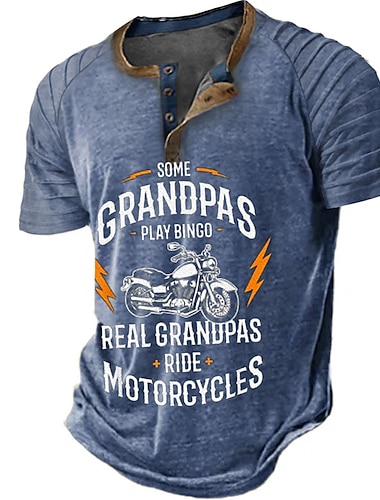  dia dos pais papai camisas motocicleta vintage camisa 3d masculina para aniversário | algodão marrom de verão | Henley raglan carta estampas gráficas roupas ao ar livre diariamente manga curta