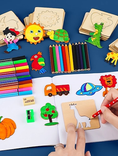  20 pièces montessori enfants dessin jouets en bois bricolage peinture pochoirs modèle artisanat jouets puzzle jouets éducatifs pour enfants cadeaux