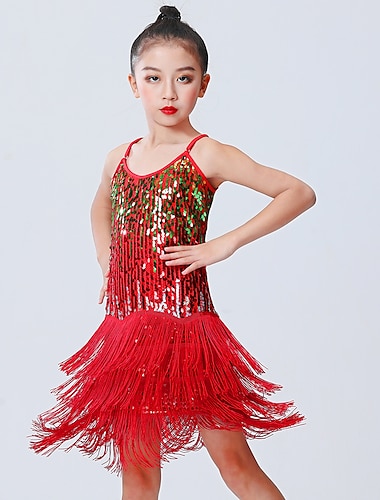  Latein-Tanz-Tanzkleidungskleid für Kinder, Fransen, Quaste, reine Farbe, Spleißen, Mädchen-Performance-Training, ärmellos, Polyester, mit Pailletten