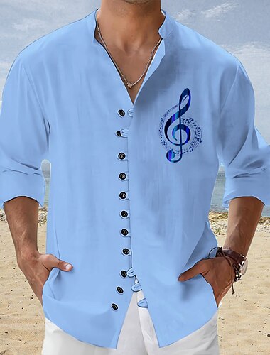  Voor heren Muziek Opmerkingen Overhemd Overhemd met knopen Lange mouw Modieus Streetwear Ontwerper Buiten Casual Dagelijks Zomer Lente Herfst Opstaand Afdrukken Blauw-Groen Blozend Roze blauw Groen