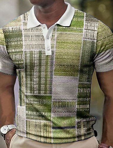  رجالي منقوش قمصان بولو الوافل قميص الجولف كم قصير قمصان البولو قميص بياقة عتيق كاجوال ملابس العطلة الملابس الرسمية ملابس المهرجانات طباعة ثلاثية الأبعاد Buttons أزرق أصفر بني