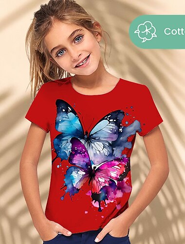  Da ragazza 3D Pop art Animali Farfalla maglietta T-shirt Manica corta Stampa 3D Estate Primavera Attivo Di tendenza stile sveglio 100% cotone Bambino 3-12 anni Esterno Informale Giornaliero Standard