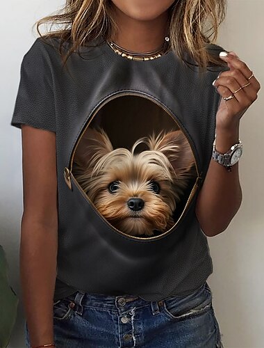  Damen T-Shirt Basic Hundeprint Kurzarm Normal Oberteile Rundhalsausschnitt Alltag Wochenende Grau