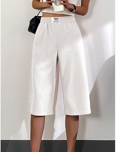  Damen Breites Bein Chinesisch Chino Schlabberhose Brautkleider schlicht Komfort Weich Wadenlänge Hoher Taillenbund Glatt Tasche Elastische Taille Ausgebeult Komfort Atmungsaktivität Weich