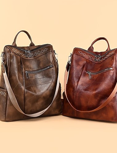  sac à dos multifonction en cuir pour femme - sac de rentrée scolaire antivol grande capacité en marron et noir