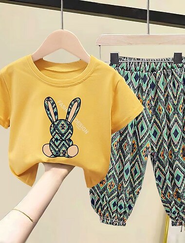  2 Stück kinderkleidung Mädchen Geometrisch Hosenanzug einstellen Kurzarm Modisch Outdoor Baumwolle 3-7 Jahre Sommer Schwarz Weiß Gelb
