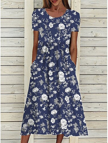  Damen Midikleid Blumenkleid Sommerkleid Kleid drucken Modisch Strassenmode Modern Outdoor Täglich Verabredung Lockere Passform Blumen Ditsy Blumig Kurzarm Rundhalsausschnitt Marineblau Königliches