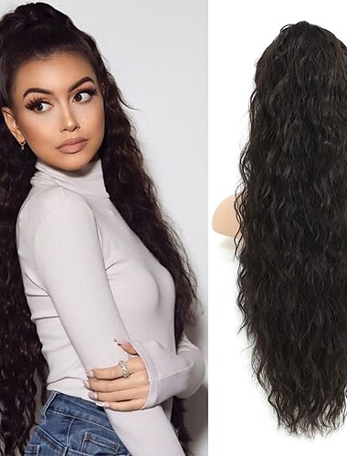  Extensión de cola de caballo con cordón rizado de 26 pulgadas, clip ondulado natural largo sintético en extensiones de cabello de cola de caballo, colas de caballo falsas esponjosas, piezas de cabello