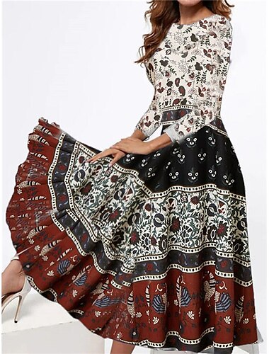  Dames Halflange jurk Casual jurk Winter jurk Etnische jurk Swingjurk Vintage Etnisch Tribal Formeel Buiten Vakantie Normale pasvorm Bloemig Tribal Lange mouw Strakke ronde hals Wit Wijn Rood