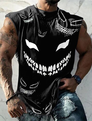  男性用 グラフィック おかしい ベストトップ 男性用ノースリーブTシャツ ストラップ Tシャツ 3Dプリント クルーネック シャツ ファッション デザイナー 筋 日常 スポーツ ジム用 ブラック ホワイト ルビーレッド 春夏 衣類 S M L XL 2XL 3XL