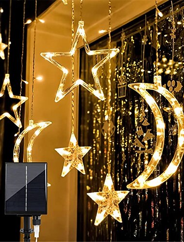  Solar Stern Lichterkette Außen 138 LED Solar betriebene Vorhanglichter Fensterlichter Solar LED Lichterkette Funkelstern Mond Feenlichter für Hinterhof Garten Patio Zuhause Feiertagsdekoration