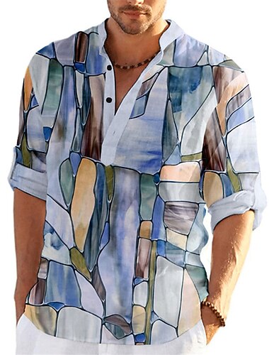  Herren Farbblock Geometrie Hemd Knopfhemd Langarm Modisch Strassenmode Designer Outdoor Strasse Täglich Sommer Frühling Herbst Ständer Bedruckt Gelb Blau Purpur Grün Grau