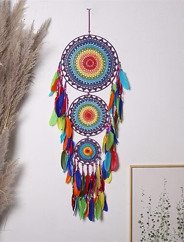  Cârlig cu pene pentru cadou cu trei inele, realizat manual, cu trei cercuri, ornament în stil indian, agățat pe perete decor artă în stil boho 35x110cm/13.77''x43.3''