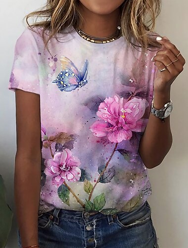  Damen T-Shirt Basic Blumendruck Kurzarm Normal Oberteile Rundhals Urlaub Wochenende Rosa