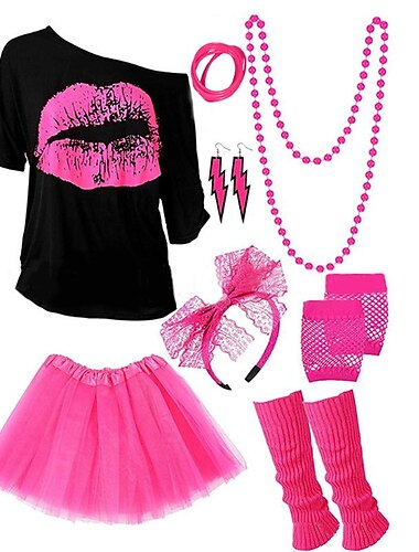  Vintage Disko 1980er Rock Handschuhe Halskette Austattungen T-Shirt-Ärmel Tutu Stirnband Ohrringe Beinlinge Armband Damen Kostüm Stirnbänder Halskette Ohrringe Jahrgang Cosplay Party Schlager Outfit