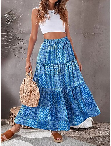  Women's Long Skirt Bohemia Maxi Skirts Pleated Print Plaid Checkered Floral Street Daily Summer Polyester Casual Boho Red Blue Purple