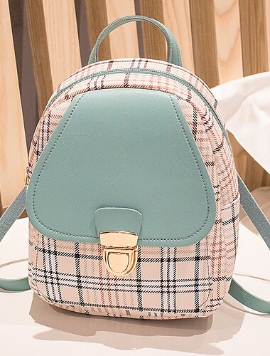  karierter Mini-Rucksack mit Lederklappe und Schnalle – stylischer und kompakter Schulranzen in mehreren Farben