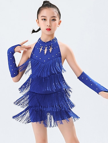  Baile Latino Ropa de Baile para Niños Vestido Cristal / Cristal Borla Poroso Chica Rendimiento Entrenamiento Sin Mangas Poliéster