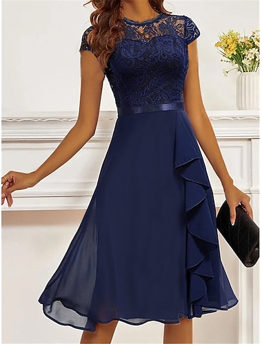  Dames Feestjurk Kanten jurk Cocktail jurk Halflange jurk Donkerblauw Korte mouw Heldere kleur Kant Zomer Lente Herfst Strakke ronde hals Modieus Bruiloft gast Vakantie Zomerjurk S M L XL 2XL