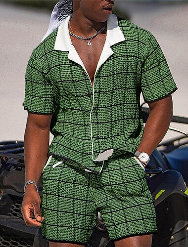  Herren Karomuster Geometrisches Muster 2St Hemden-Sets Sommer Hawaiihemd Kurzarm Kurze Hosen Kubanisches Halsband Mode Streetwear Designer Outdoor Täglich Ausgehen Druck Sommer Frühling Marineblau
